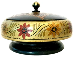 Vintage geschnitzte Holz Volkskunst rund Andenken Boho Blumen Sockel Schale mit Deckel - Bild 1 von 14