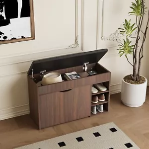 Shoe Bench Cabinet w/ Flip Drawer Cushion Hidden Storage w/ Shelves for Entryway - Picture 1 of 12