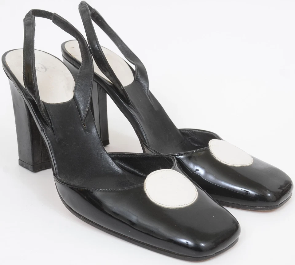 Joey-O Black White Dot Leather Slingback Pump Heels Women's 7.5 Retro Rockabilly - Image 1 of 4