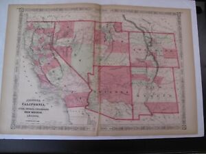 Hand Colored California UT AZ NV CO NM  Double Page Map Johnson's Atlas 1867 