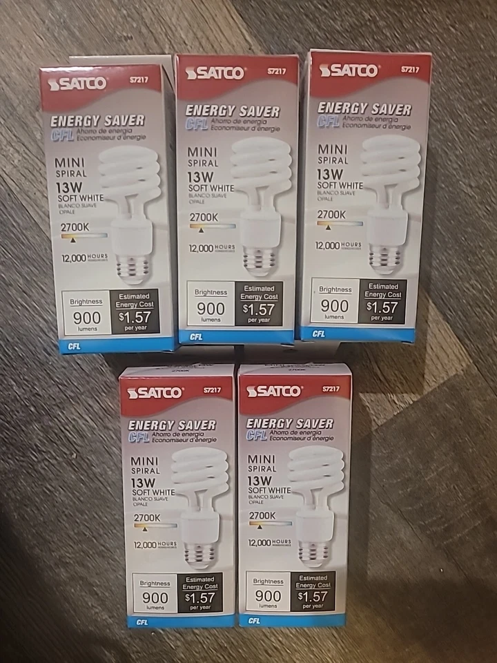 5 SATCO S7217 13W Mini Spiral 2700K CFL LampT2 60W Equal TCP 4T213 Replacement - Image 1 of 4