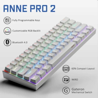 ANNE PRO 2 Wired/Bluetooth 60% Mechanical White Keyboard Brown Switch USB23_WBR - Image 1 of 4