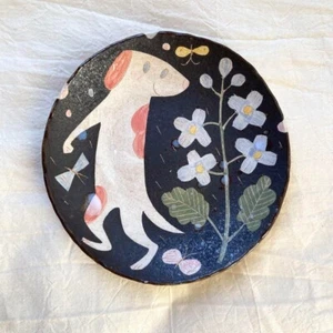 Makoto Kagoshima Ceramic Ornamental Plate in Puppy and Flower Motif,NEW - Picture 1 of 5