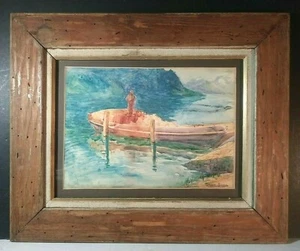 1940’s American STEPHEN SIMPSON Signed W/C FIGURE / BOAT Original WORMWOOD FRAME - Picture 1 of 10
