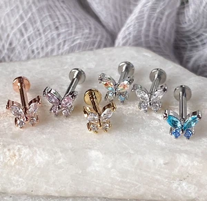 1pc CZ Gem Butterfly 16g Labret Internally Threaded Steel Tragus Helix - Picture 1 of 11