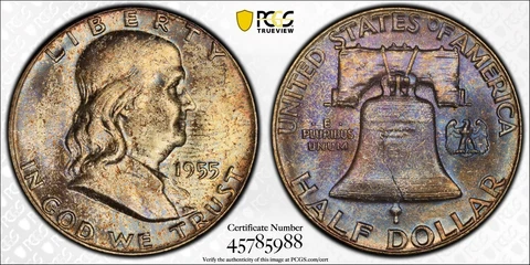 1955 Franklin Half Dollar PCGS MS65 Toned *DoubleJCoins* 1800-67 Cover