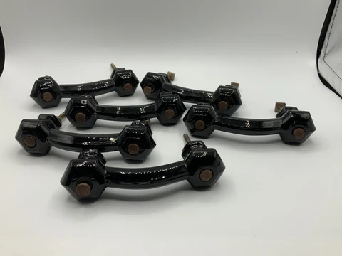 Vintage Onyx Black Glass Drawer Knobs Pulls Lot Of 6 Cover