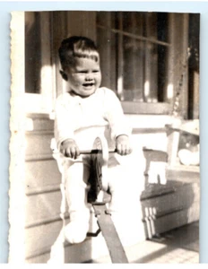 Vintage Photo 1940s, Boy dressed in white, On rocking horse, front porch , 4.5x3 - Picture 1 of 2