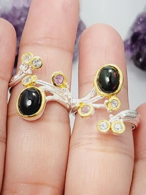 Anillo de ópalo negro térmico, topacio, amatista talla 7,925 piezas por 1000 de plata de ley Foto 1 de 4