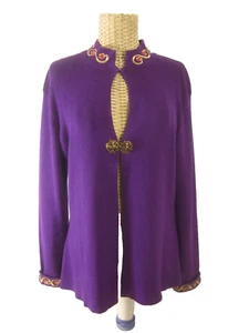 Vtg Loulou De La Falaise Womens L Purple Gold Embroidered Cotton Blend Cardigan - Picture 1 of 11