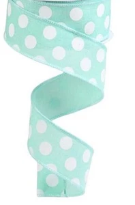 Mint Green White Dots 1.5" by 2 yds Wired Ribbon Hot Cocoa Christmas Winter - Picture 1 of 2