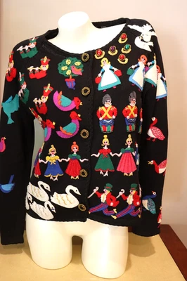 Vintage Womens Michael Simon 12 Days of Christmas Cardigan Ugly Sweater Black M - Image 1 of 4