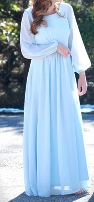 Baby Blue Chiffon Bridesmaid Dress (with long sleeves), Christmas party dress - Image 1 of 4