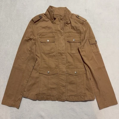 Chaqueta de mezclilla Kensie para mujer mediana marrón militar utilitaria solapa bolsillos tareas de granero Foto 1 de 4