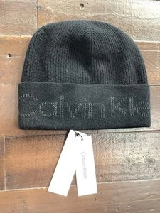 MENS CALVIN KLEIN BLACK SIGNITURE BRANDING BEANIE HAT, ONE SIZE, BNWT - Picture 1 of 7