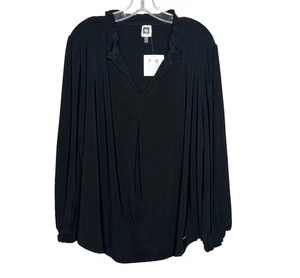 Blusa Top Anne Klein Cuello Volantes Para Mujer 2X Negra Manga Larga Elastizada - Imagen 1 de 16