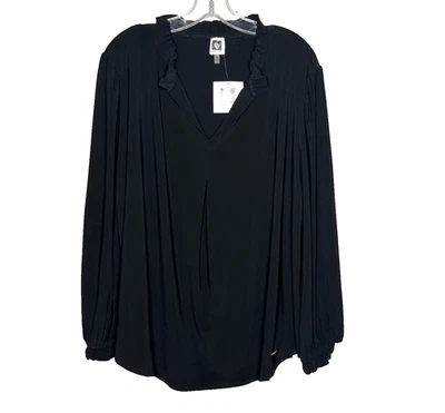 Blusa Top Anne Klein Cuello Volantes Para Mujer 2X Negra Manga Larga Elastizada Foto 1 de 4