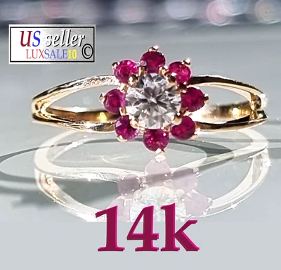 Anillo Estate, Anillo Flor Rubí Oro 14k, Diamante Moissanita Certificado 1.1 quilates Foto 1 de 4