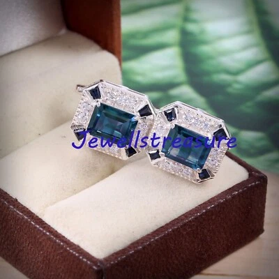 Abotoaduras masculinas de prata esterlina 925 topázio azul natural e pedras de safira #345 - Imagem 1 de 4