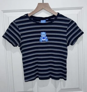 Care Bears Grumpy Embroidered Patch Blue Striped Baby Crop Tee T Shirt Large L - Picture 1 of 7