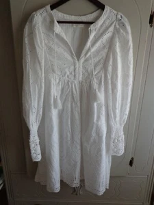 Spell & The Gypsy Eyelet Dylan Smock Mini Dress S White Lining Long Sleeves - Picture 1 of 20