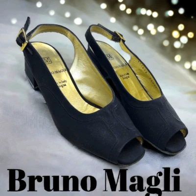 Zapatos de tacón grueso con puntera abierta de cuero para mujer Bruno Magli negros talla 5B Foto 1 de 4