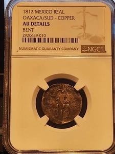 1812 Mexico 1 Real Oaxaca SUD Morelos Copper NGC AU Details Bent Rare Pop 1/0 - Picture 1 of 7