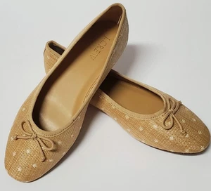 J. Crew Ballet Flats Tan 7 Raffia Maize & White Polka Dots Bows Rubber Sole Shoe - Picture 1 of 9