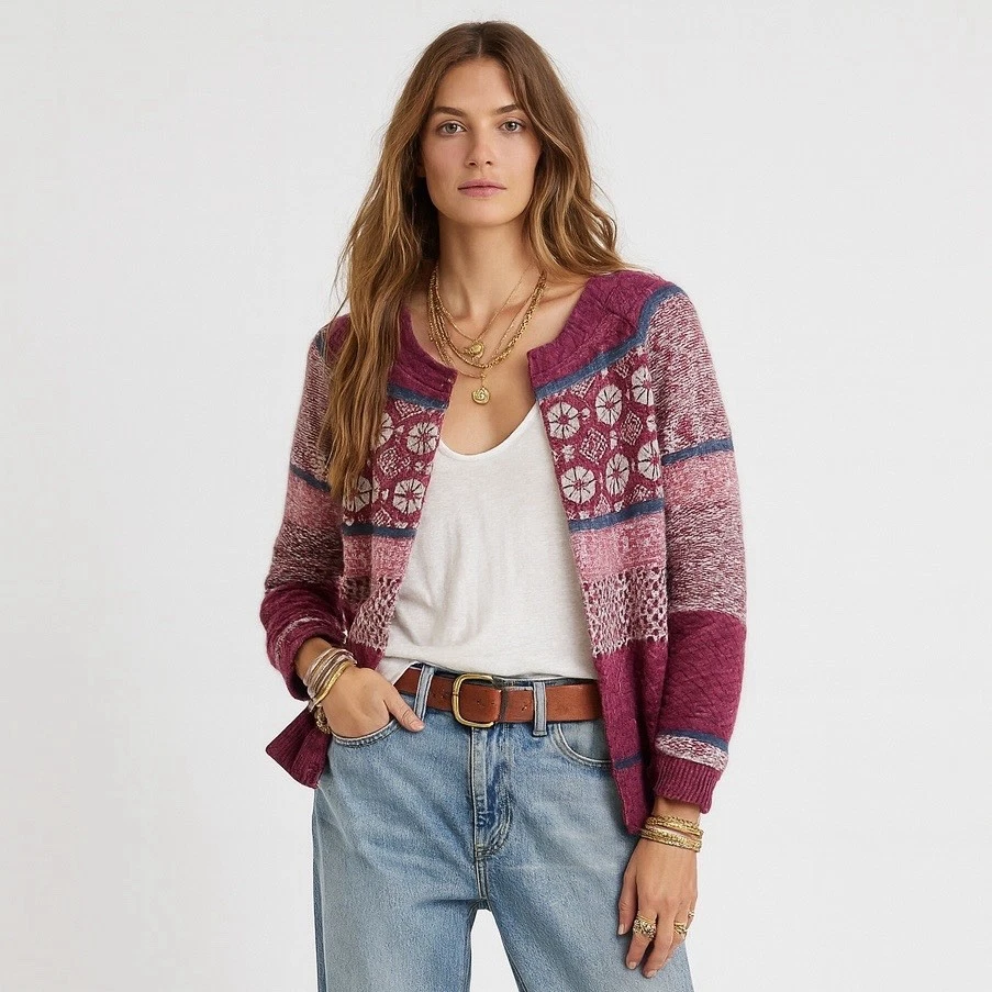 Cárdigan Sundance Fair Isle S Púrpura Rosa Nórdico Boho Cottagecore Lana Suéter Foto 1 de 4