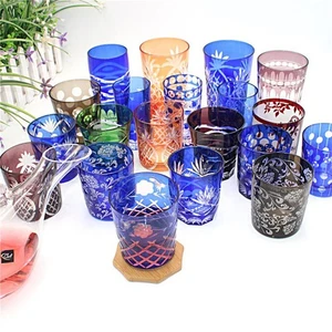 Japanese Edo Kiriko Crystal Whiskey Glasses Hand Cut To Blue 9oz Gift Packing - Picture 1 of 12