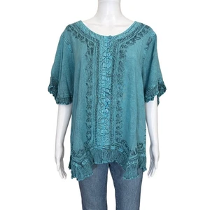 Agan Traders Boho Medieval Button Down Asymmetrical Hem Embroidered Top - Afbeelding 1 van 8