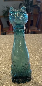 Vintage Mid Century Empoli Italian Aqua Teal Blue Glass Cat Bottle Decanter 9” - Picture 1 of 20