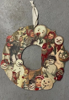 Primitives by Kathy Muñeco de Nieve Retro Guirnalda de Vacaciones Madera Vintage Decoración de Navidad Foto 1 de 2