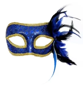 MÁSCARA DE MASCARADA AZUL ESTILO VENECIANO MARDI GRAS con CINTAS, PLUMAS Y DIAMANTES DE IMITACIÓN - Imagen 1 de 1