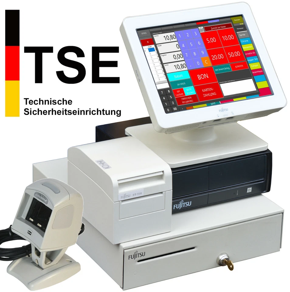 TSE TOUCHSCREEN KASSE KASSENSYSTEM EINZELHANDEL GASTRONOMIE MIT SCANNER KA49 - Bild 1 von 1