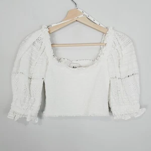 AJE Womens Size 6 or US 2 White Lace Sleeve Smocked Crop Blouse Top - Picture 1 of 7