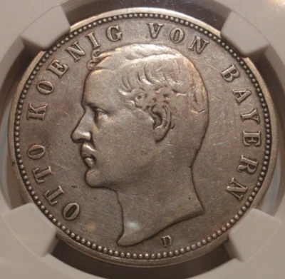 Germany Bavaria Bayern 1888 D Silver 5 Mark König Otto NGC VF-30 Very fine - Image 1 of 4