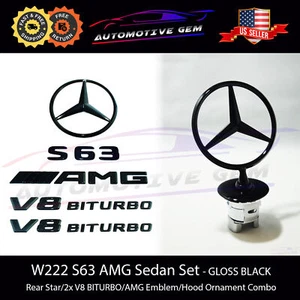 S63 SEDÁN AMG V8 BITURBO Estrella Trasera Emblema Capucha Adorno NEGRO Juego Mercedes W222 - Imagen 1 de 3