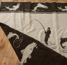 Vintage Alafoss Fly Fishing Fish Icelandic Wool Lodge Camp Car Blanket 60x72 NR