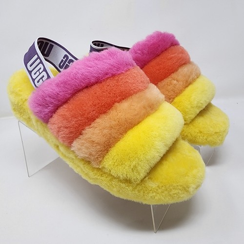 UGG Sandali Fluff Donna 8 Giallo Arcobaleno Yeah Slides Pelliccia Scarpe Piatte Multicolore