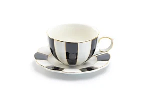 Grace Teaware Black and White Scallop Fine Porcelain Tea Cup and Saucer Gold Rim - Picture 1 of 3