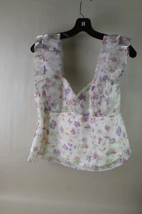 Wildfox Women's Ruffle Sleeveless Tank Crop Lined Top-White Floral-MED - Picture 1 of 5