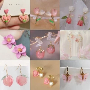 Fashion Sweet Pink Flower Crystal Earrings Women Statement Drop Dangle Ear Stud - Picture 1 of 24