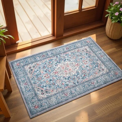 Alfombra Lavable Pequeña Azul Flagover, Alfombra de Entrada 2x3 Boho Vintage, Antideslizante Foto 1 de 4