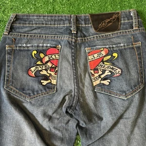 Jeans vintage Ed Hardy denim donna 26x30 ricamato biker Y2K teschio grunge - Foto 1 di 8
