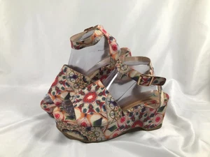 Bambus Riemchen Schnalle Keilabsatz Sandalen bunter Druck Damen US 10 UK 8 EU 40 LESEN - Bild 1 von 12