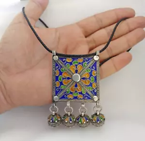 Kabyle Necklace Silver Enamel Berber Pendant Moroccan Handmade African Vintage - Picture 1 of 12