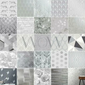 Plata & Gris Papel Pintado - Geométrico Floral Hoja Animal Metálico Purpurina & - Imagen 1 de 191