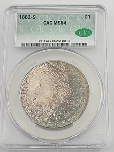 1882 S MS 64 Morgan Silver Dollar  CAC Toned Blue, Green, Purple - Picture 1 of 6