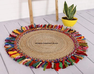 Round Area Rag Rug Hardwood Floors 3x3 Feet Natural Braided Woven Fabric Rug - Image 1 of 3